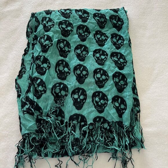 Pashmina Cashmere Silk Blend Scarf Teal Black Skull Fringe Soft Wrap Tassel Hem - Picture 6 of 6